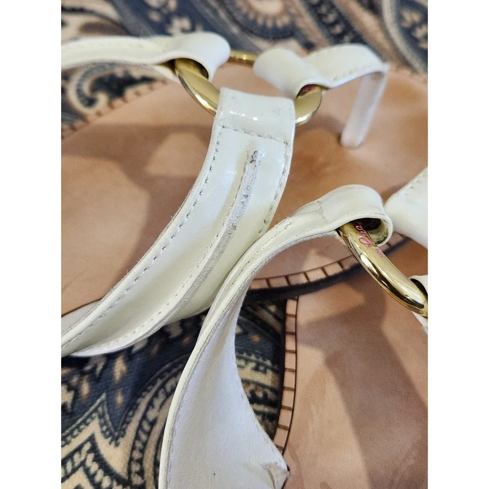 Lilly Pulitzer McKim Sandal Resort White Leather Thong Flat Gold Ring Size 6.5M